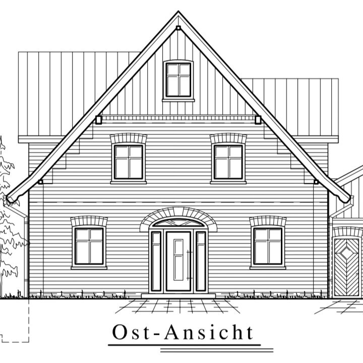Architekturzeichnung einer Ostansicht eines zweigeschossigen Hauses mit Eingang und Fenstern