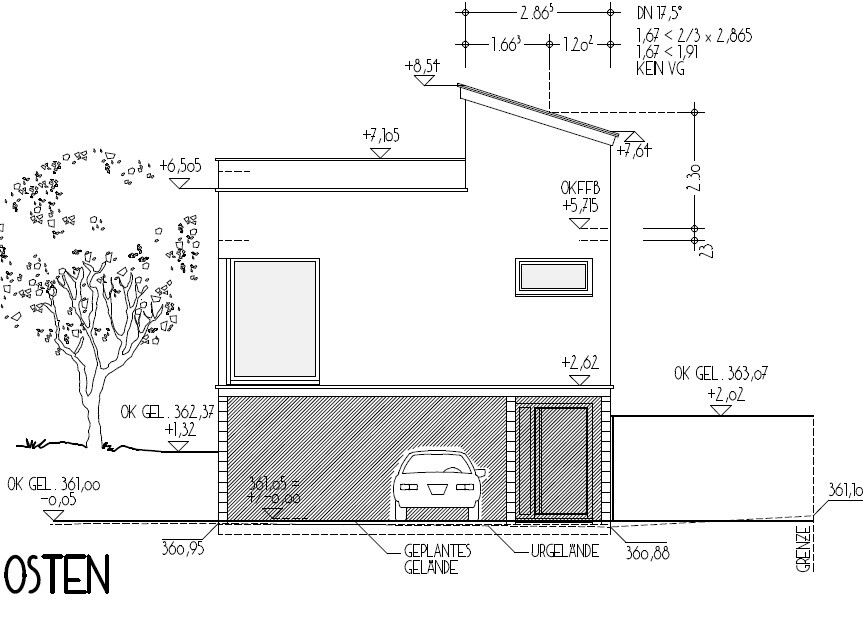 Architektonische Zeichnung eines modernen, zweistöckigen Hauses mit Garage, Auto und Baum links.