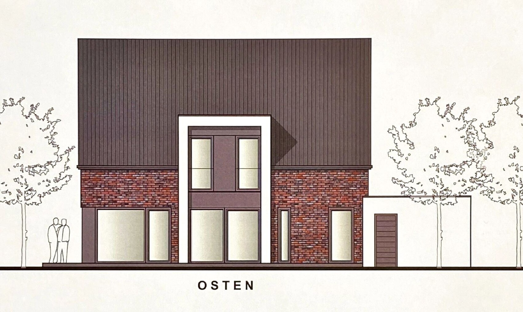 Moderne zweigeschossige Ostfront: Backstein unten, dunkle vertikale Fassade, große Fenster.