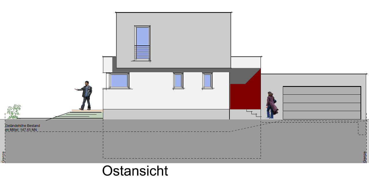 Ostansicht eines modernen Hauses mit Garage, zwei Personen und Geländeprofil.