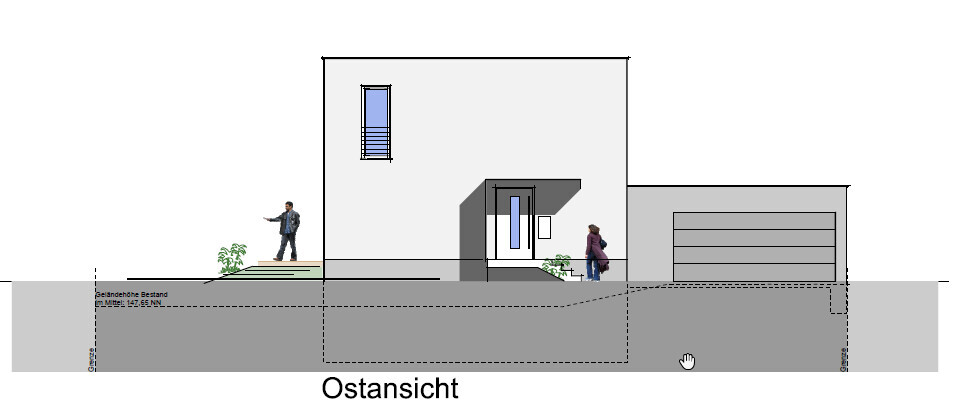 Ostansicht eines modernen Hauses mit Eingangstür, Garage und zwei Personen draußen.