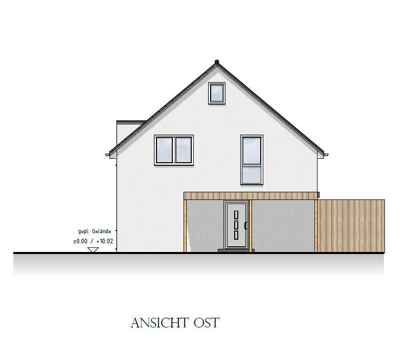 Ostansicht eines modernen Einfamilienhauses mit weißer Fassade, Holzeingang und Holzzaun.