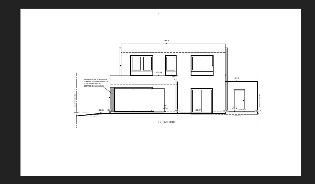 Ostansicht eines modernen Gebäudes mit zwei Stockwerken, großen Fenstern und Garage.