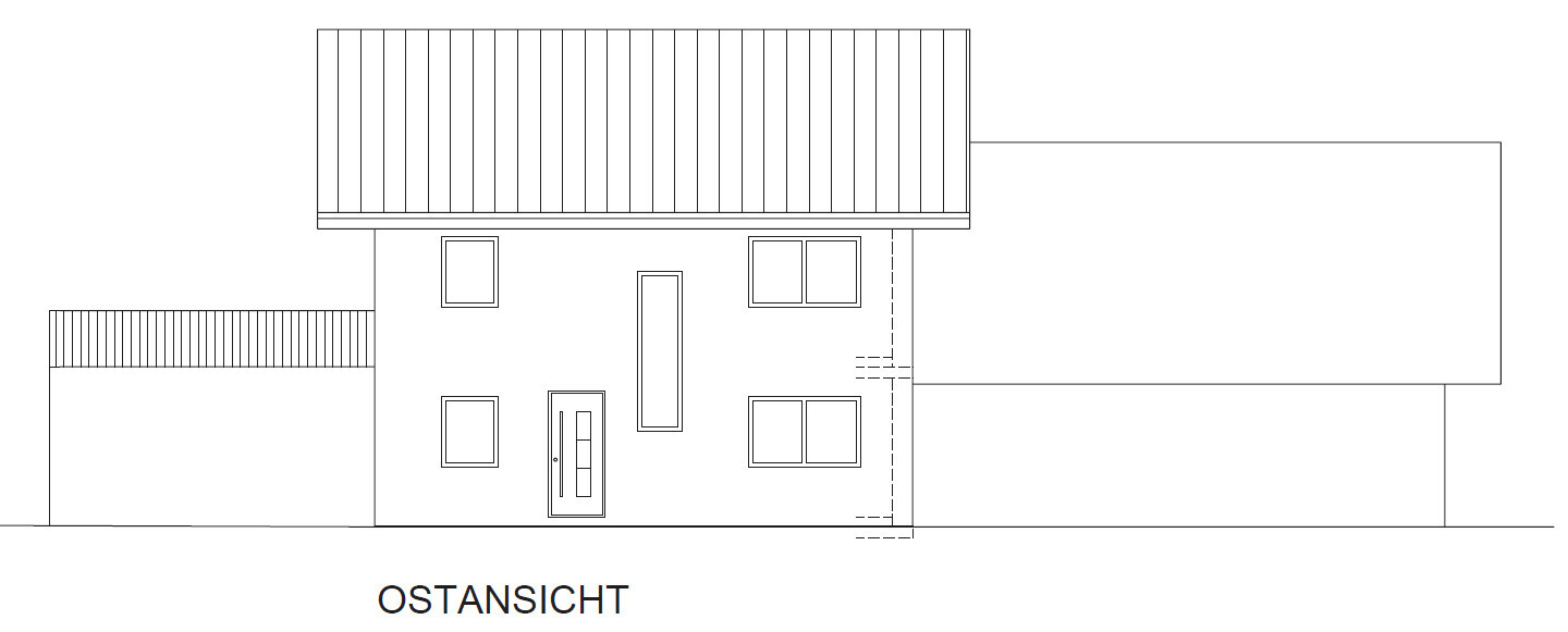 Ostansicht eines zweigeschossigen Hauses mit Metalldach, Eingangstür und Fenster.