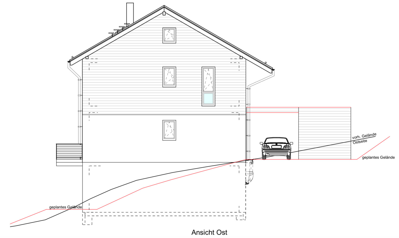 Ostansicht eines zweistöckigen Hauses mit Satteldach und Garage rechts; Gelände- und Höhenlinien sichtbar.