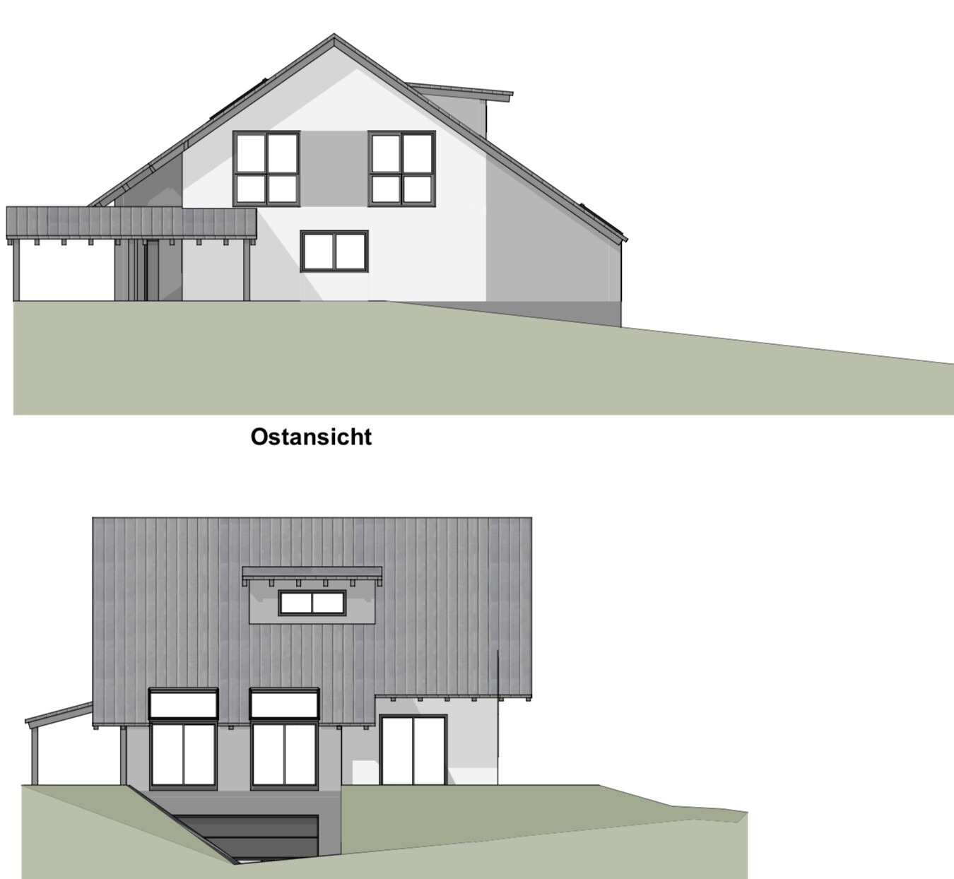 Architekturzeichnung: Haus in Hanglage, Ost- und Frontansicht mit Dach und Fenstern.