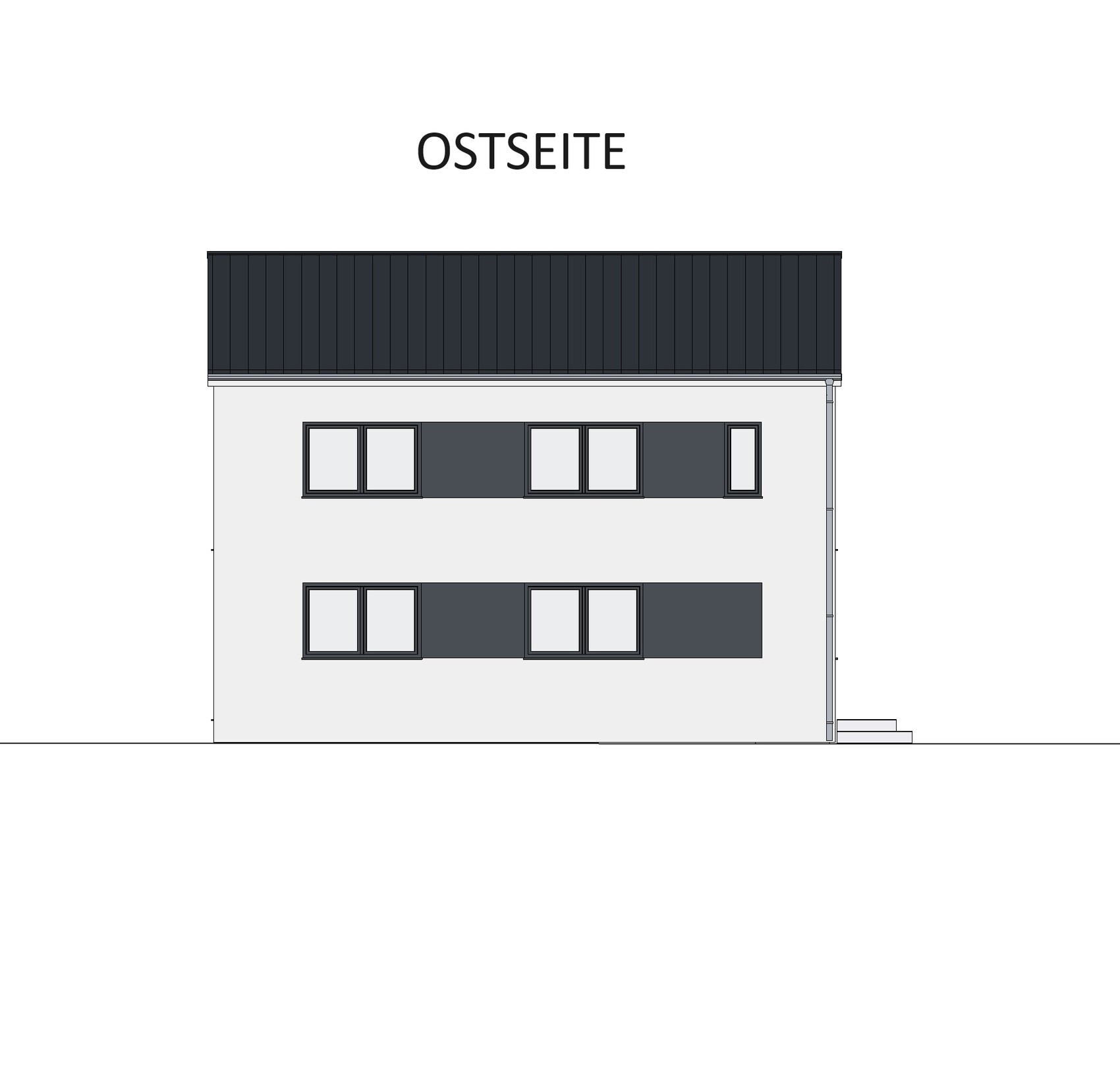 Ostseite eines zweigeschossigen Hauses mit dunklem Dach, Fensterreihen und Treppenaufgang rechts.