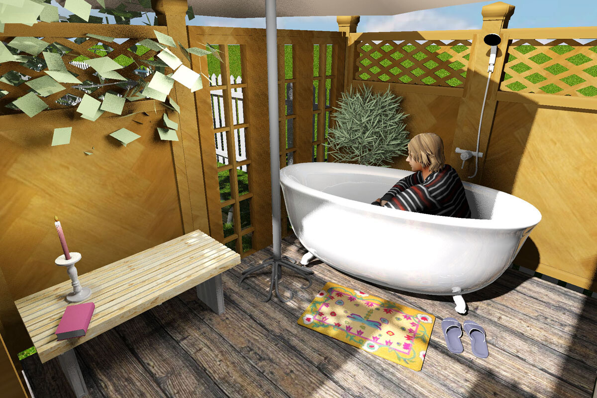 Person sitzt in einer freistehenden Badewanne auf einer Holzterrasse, neben Duschkopf und Pflanzen.