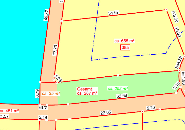 Kadastrale Karte: gelbe und grüne Parzellen, Flächenangaben ca. 655 m², 287 m², 252 m².