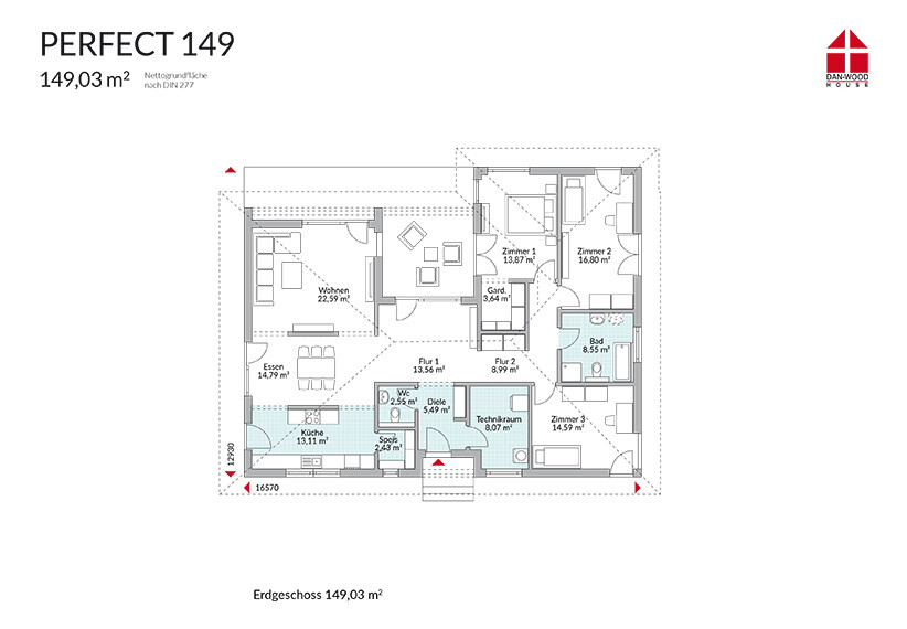 Grundriss Erdgeschoss Perfect 149 mit Wohnzimmer, Küche, Flur und Bad