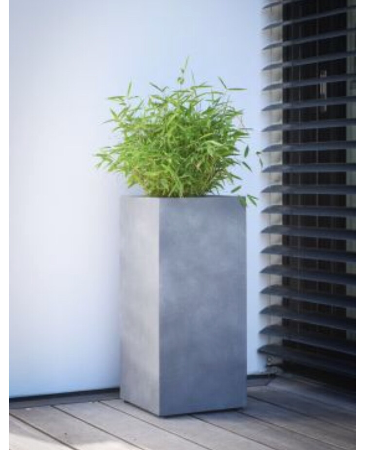 Grauer Pflanzkübel mit grüner Pflanze auf Terrasse neben Lamellenvorhang