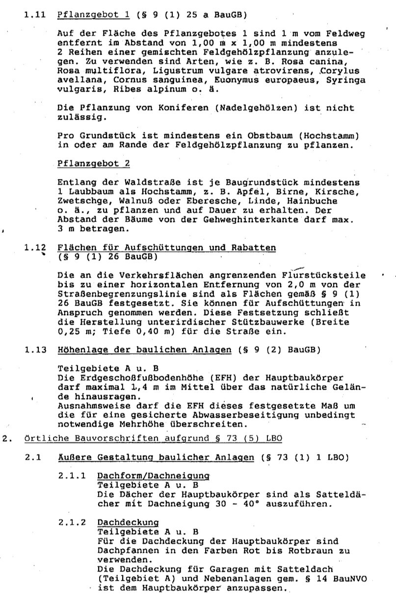 Seite eines BauGB-Dokuments mit Pflanzangebot, Flächenangaben für Garten
