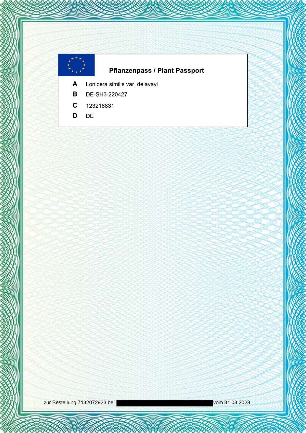 EU-Pflanzenpass Dokument mit EU-Flagge und Feldern A bis D