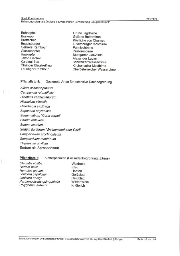 Seite aus Bauplan mit Pflanzlisten: Arten- und Kletterpflanzen.