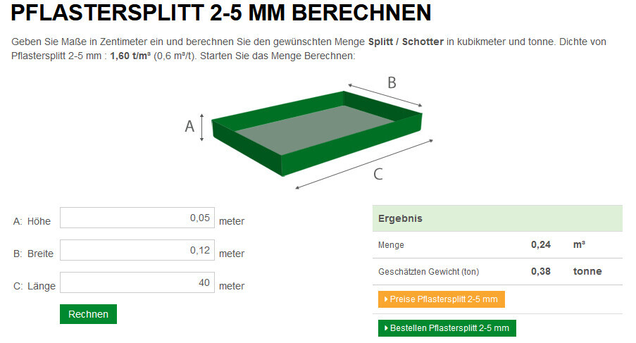 Rechner für Pflastersplitt 2-5 mm mit Feldern A Höhe, B Breite, C Länge und Ergebnis.