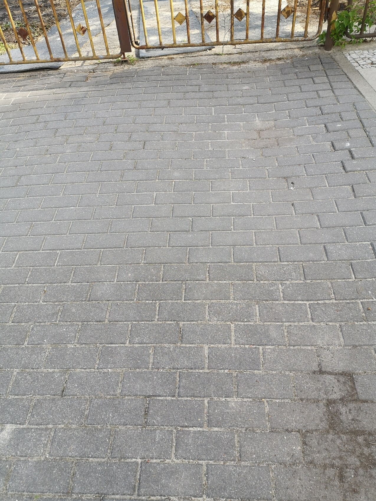 Gepflasterter Vorplatz aus grauen Pflastersteinen vor einem Metalltor