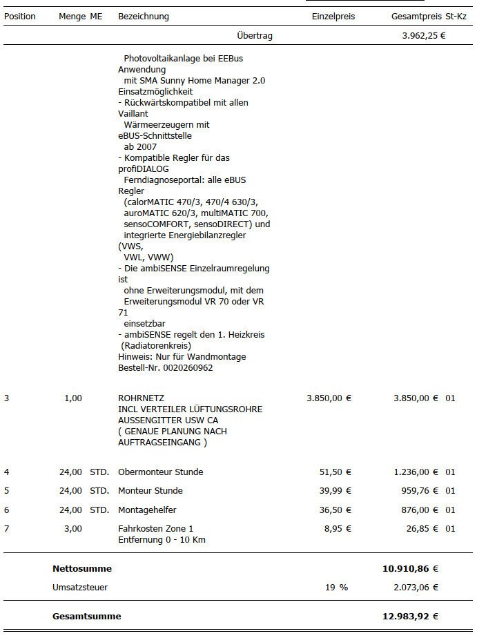 Angebot/Rechnung mit Photovoltaik-Anlage, eBUS-Schnittstelle, Regler, Montagearbeiten, Gesamtpreis.