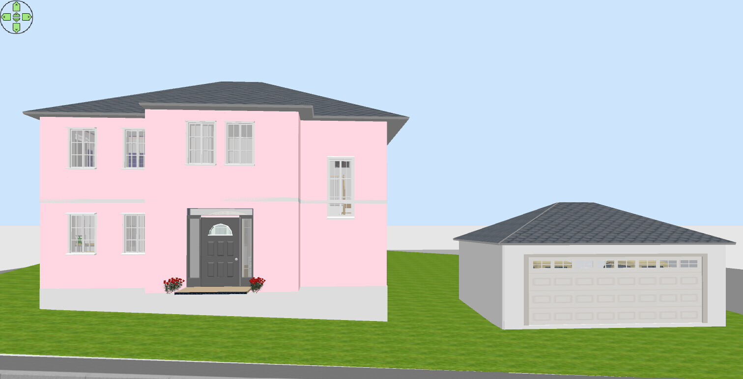 Zweistöckiges rosafarbenes Haus mit grauem Dach, dunkler Türfront und Garage rechts auf Rasen.