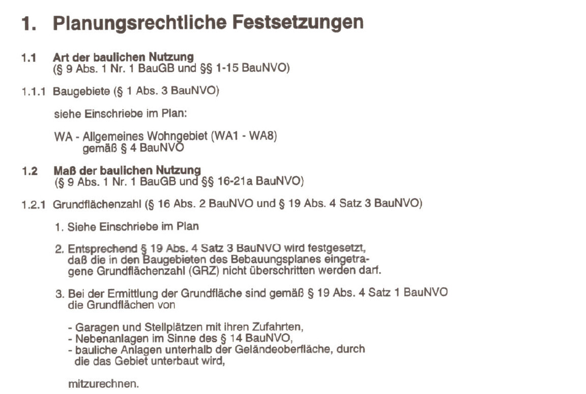 Seite aus Dokument mit planungsrechtlichen Festsetzungen und Nutzungsbestimmungen