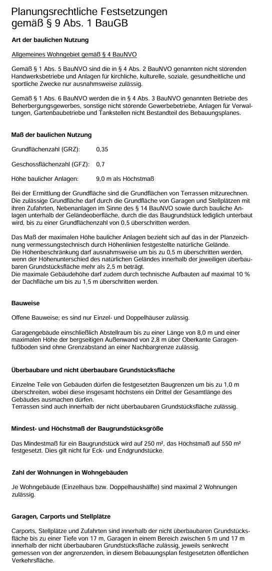 Dokument mit planungsrechtlichen Festsetzungen nach BauGB: Nutzung, Flächen, Bauweise, Stellplätze