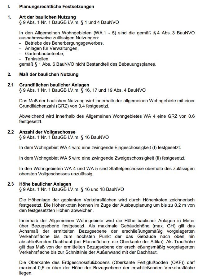 Seite mit planungsrechtlichen Festsetzungen zu Nutzungsarten, Maßen, Vollgeschosse und Höhe.