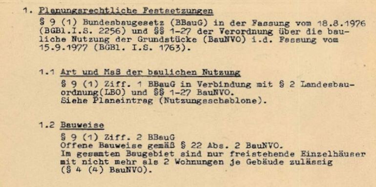 Scan eines planungsrechtlichen Dokuments zu Festsetzungen, Nutzung und Bauweise.