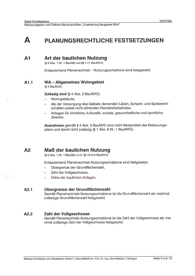 Formelles Planungsdokument mit PLANUNGSRECHTLICHE FESTSETZUNGEN, Abschnitte A1–A2.2.