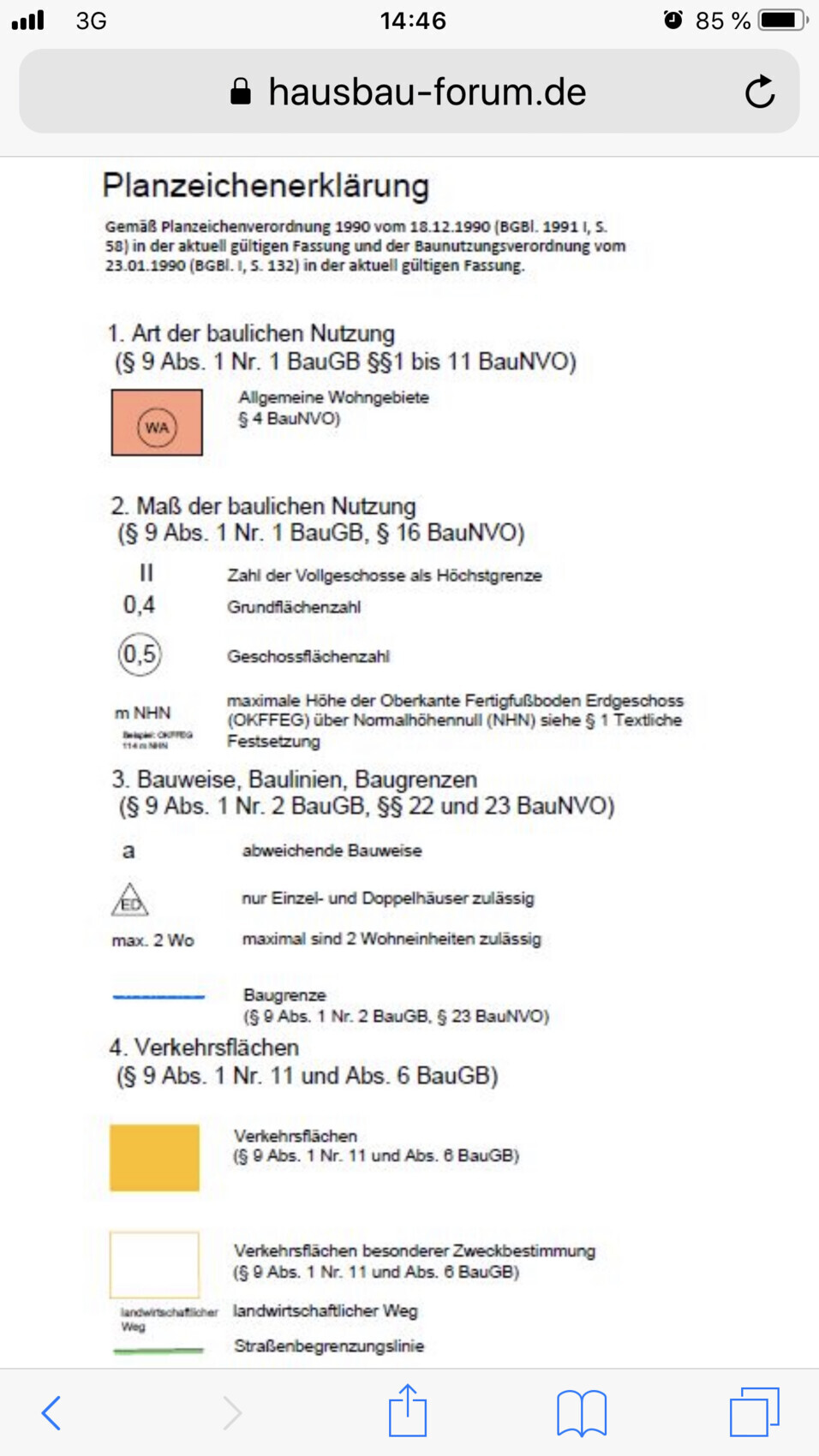 Planzeichenklärung-Seite mit Abschn. 1–4: Nutzung, Maß, Bauweise, Verkehrsflächen.