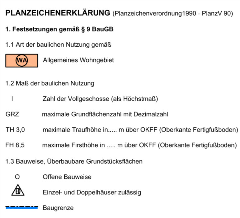Dokument zur Planzeichenerklärung mit Bau- und Grundrissvorgaben gemäß Planzeichenverordnung