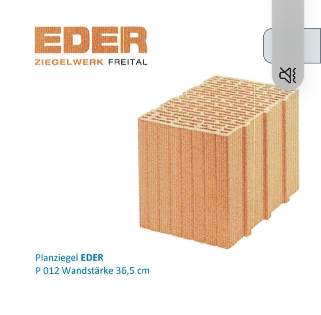 EDER Planziegel-Block mit Wandstärke 36,5 cm vor EDER-Logo auf weißem Hintergrund