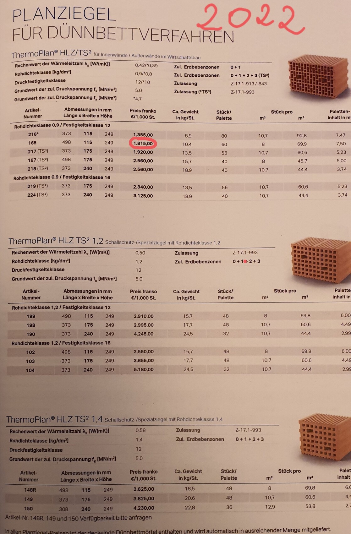 Datenblatt zu Planziegeln mit Tabellen, Abmessungen und Beispielblock.