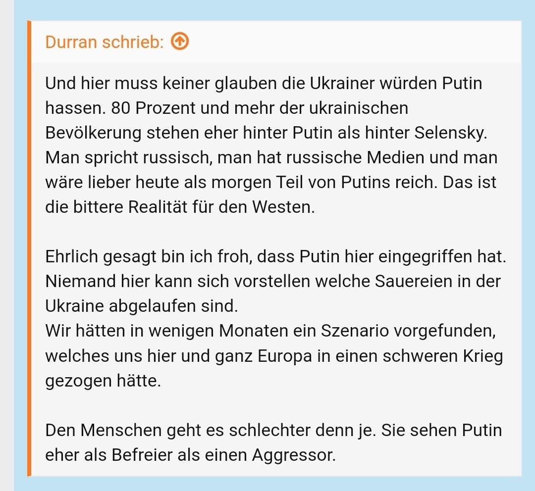 Screenshot eines Textposts von Durran über Ukraine, Putin und den Westen.