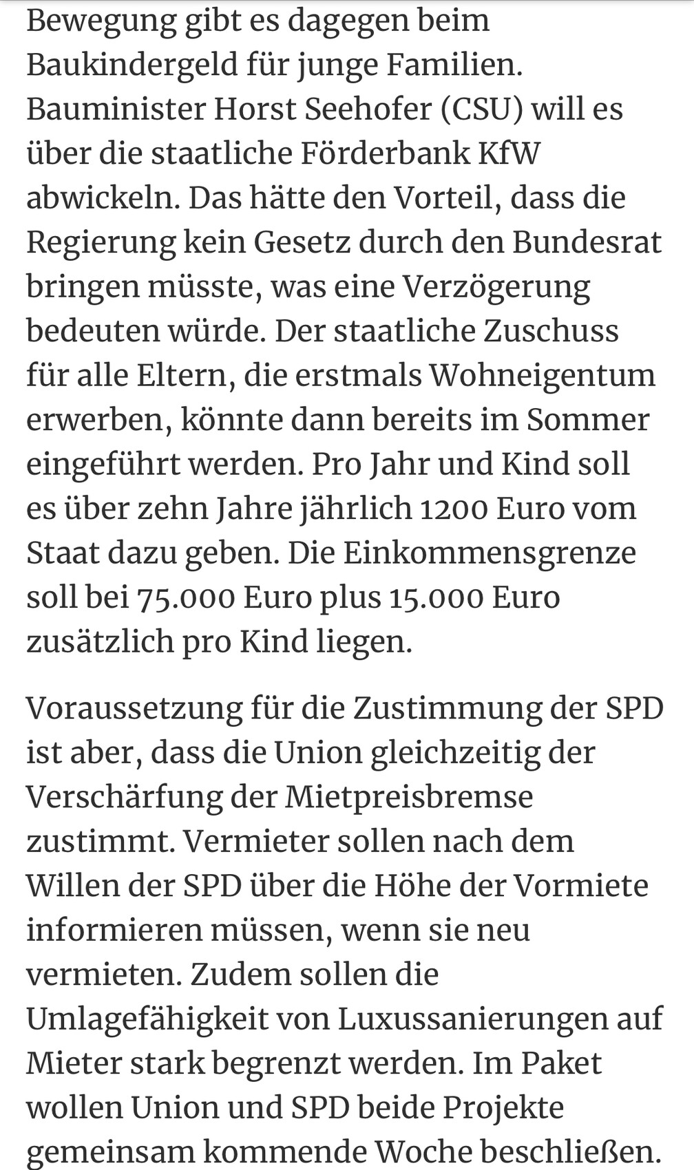 Langer Schwarz-auf-Weiß-Textblock mit Fließtext zu Baukindergeld und SPD Debatte