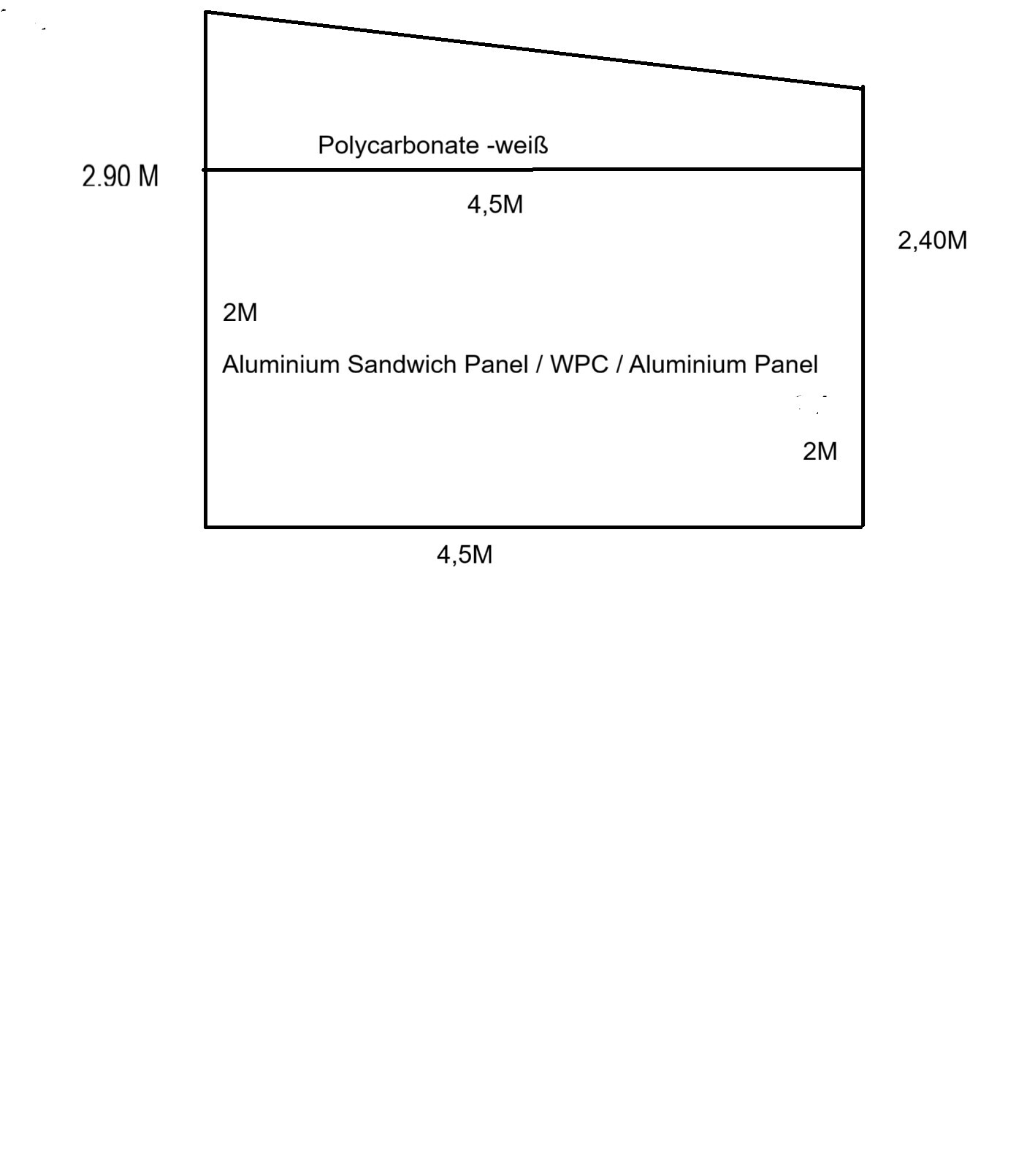 Technische Zeichnung eines Polycarbonat-/Aluminium-Sandwichpanels mit Maßen 4,5m x 2m