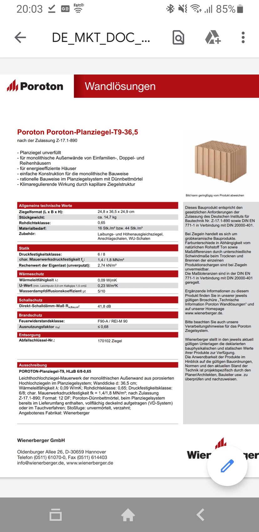 Poroton Planziegel-T9-36,5: technisches Datenblatt mit Ziegelblock