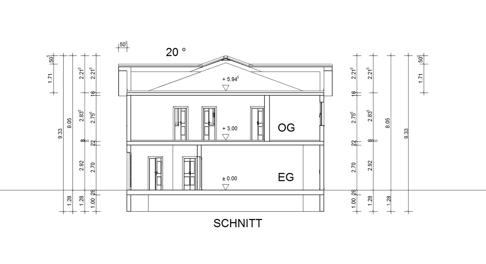 Architektur-Schnitt durch dreigeschossiges Haus: EG, OG, Dachgiebel, Fenster und Maßlinien.