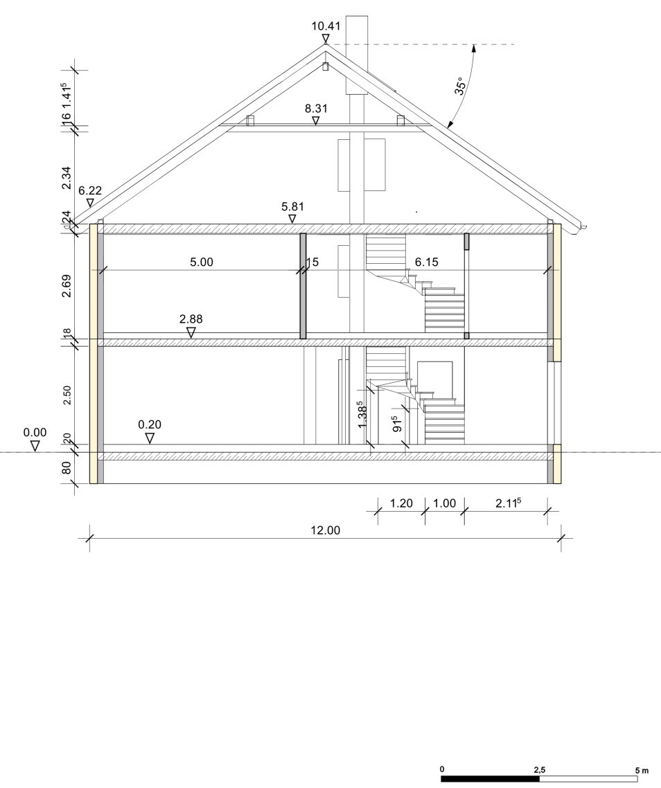 Querschnitt durch ein zweigeschossiges Haus mit Treppen, Dachstuhl und Maßen