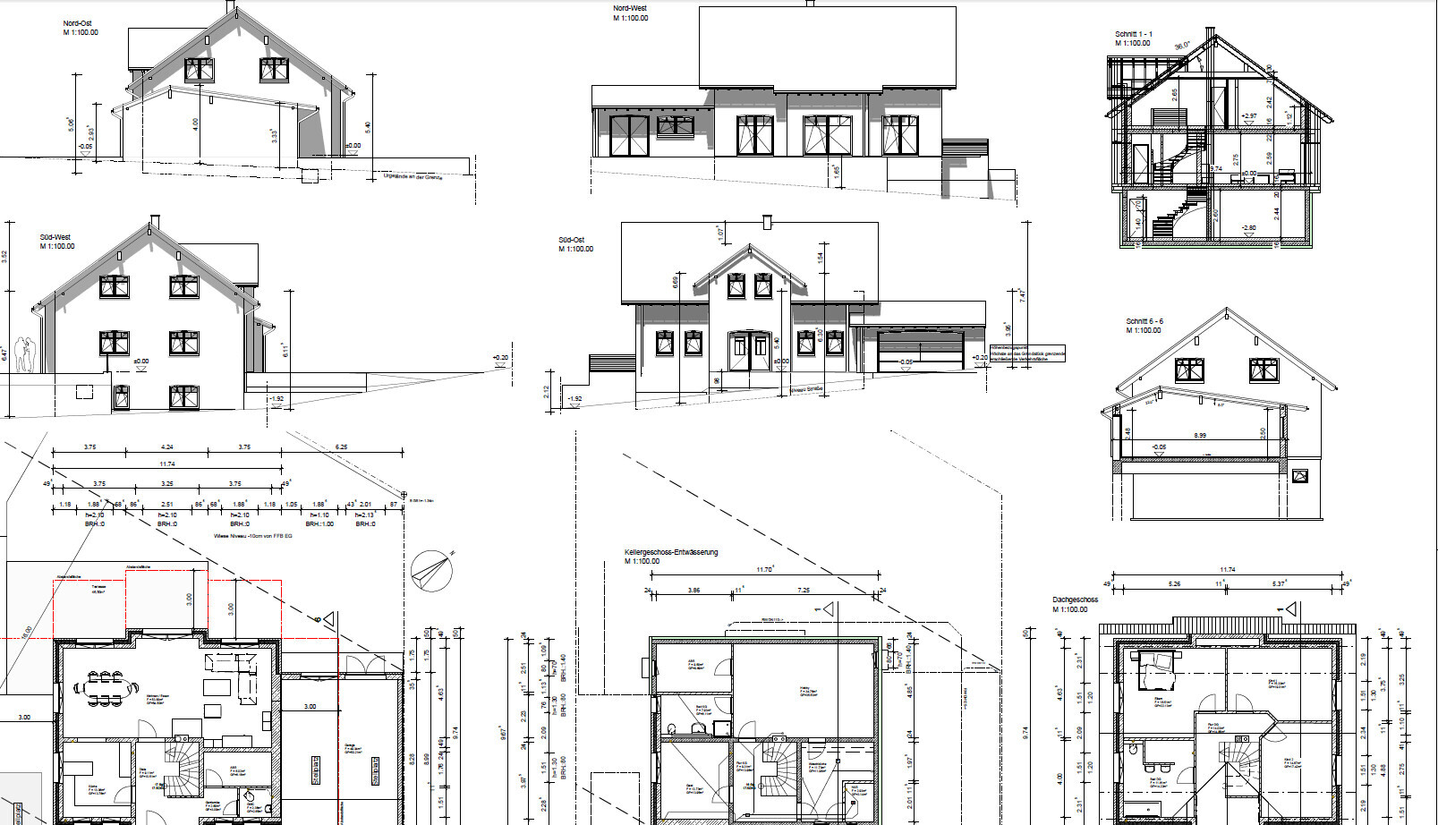 Architekturpläne eines Hauses mit Grundrissen, Schnitten sowie Vorder- und Seitenansichten.
