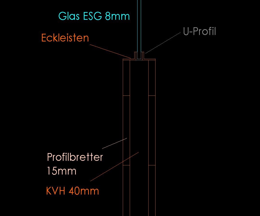 Technische Zeichnung eines Rahmens Glas ESG 8mm, Eckleisten, U-Profil, Profilbretter 15mm, KVH 40mm.