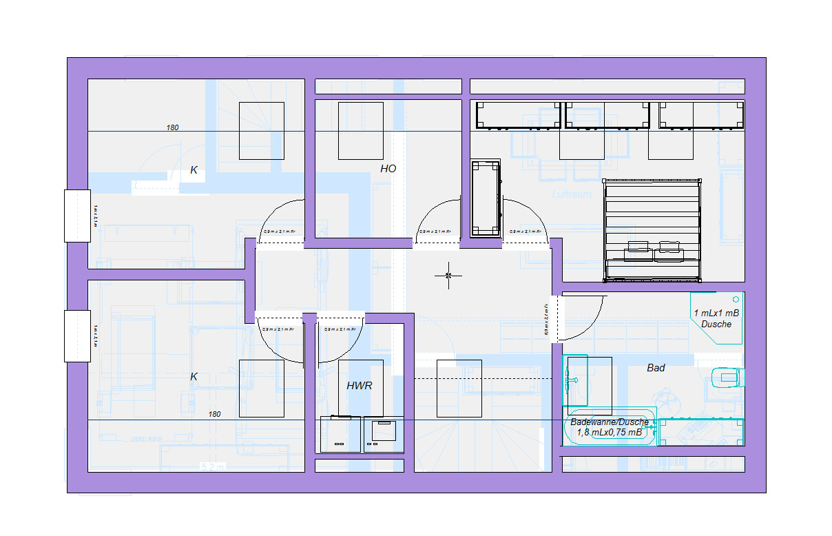 Grundriss eines Apartments mit Küche (K), Bad, HWR und Schlafzimmer - Planansicht.