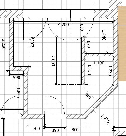 2D-Grundrissplan mit Raumaufteilung, Türen und Maßangaben im Bauplanstil
