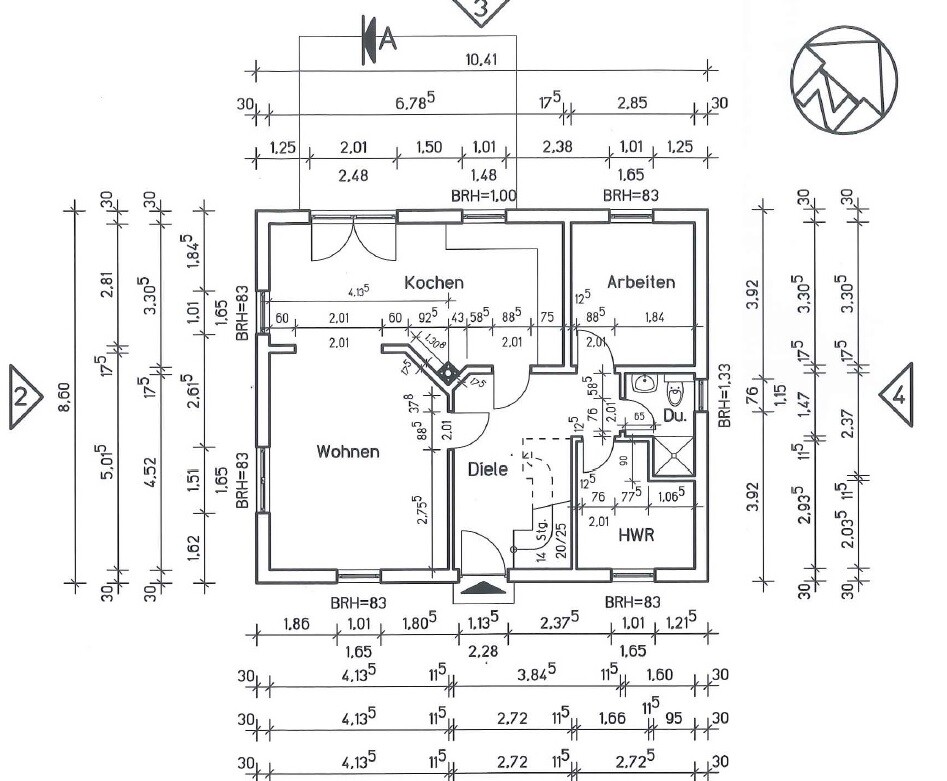 Grundriss eines Einfamilienhauses mit Wohnzimmer, Kochen, Diele, Arbeiten, Bad und HWR.