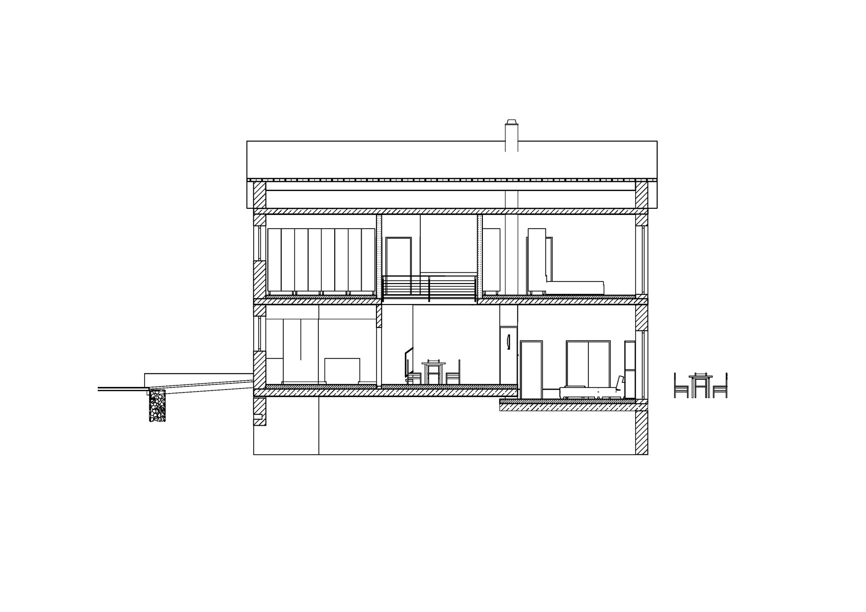 Querschnitt eines mehrgeschossigen Hauses mit Innenräumen, Treppe und Möbeln.