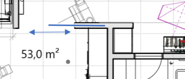 Grundriss eines Raums: 53,0 m², blaue Pfeile zeigen Richtung, Möbelumrisse.