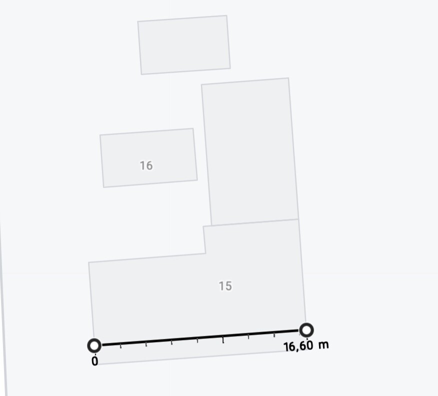 Lageplan der Parzellen 15 und 16 mit Messlinie von 0 bis 16,60 m am unteren Rand.