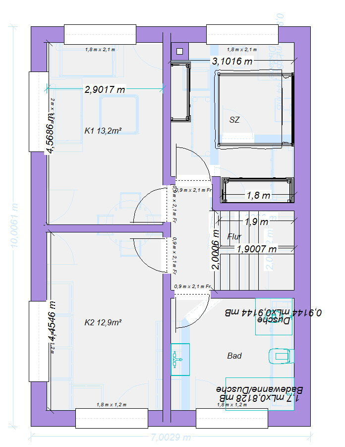 Grundriss einer Wohnung mit Räumen: K1, K2, SZ, Bad, Flur; Maße sichtbar
