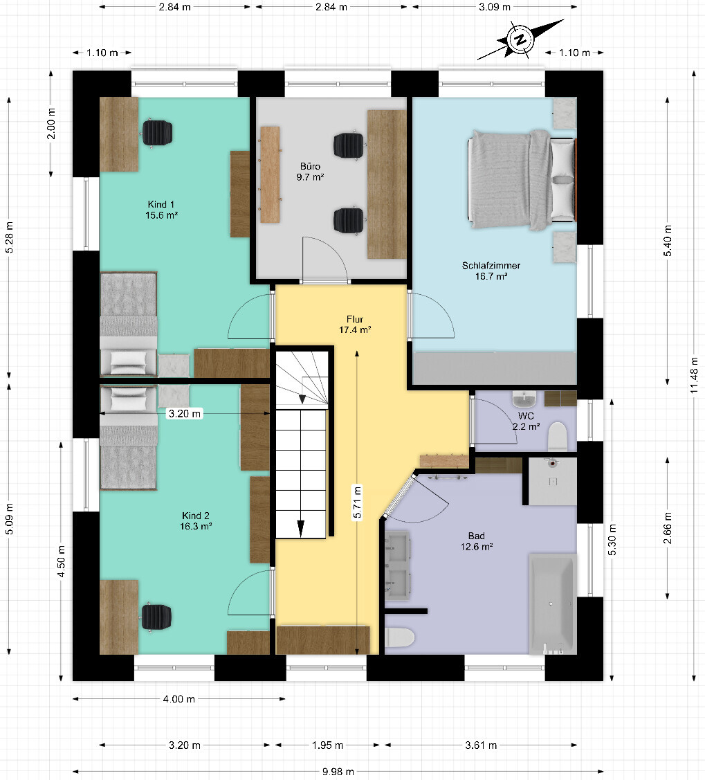 Grundriss eines Hauses mit Schlafzimmer, Büro, zwei Kinderzimmer, Flur, Bad und WC.