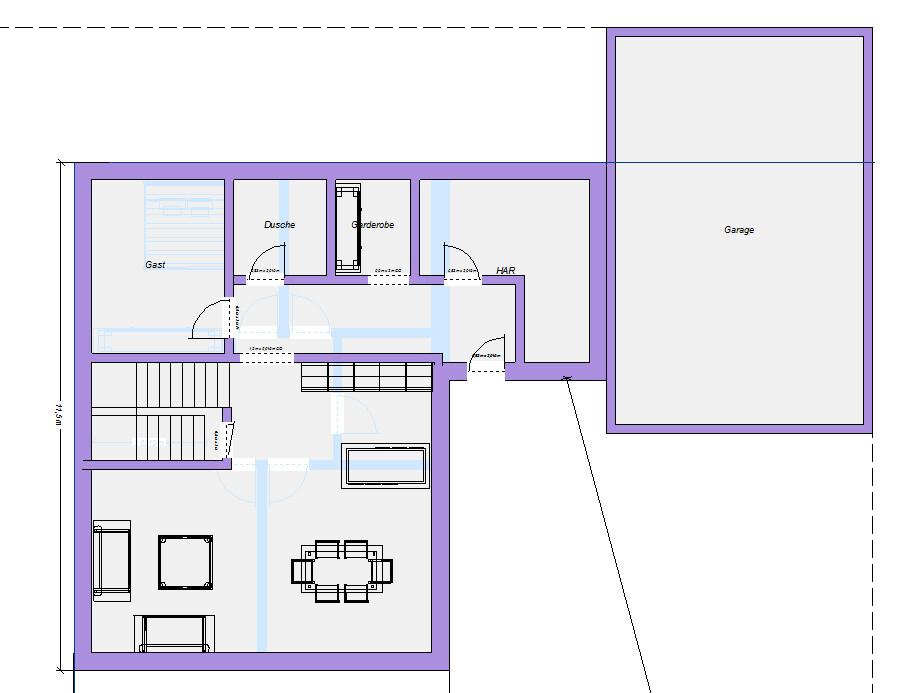 Grundriss eines Hauses: Gästezimmer, Dusche, Garderobe, HAR, Garage, Wohnzimmer, Essbereich.
