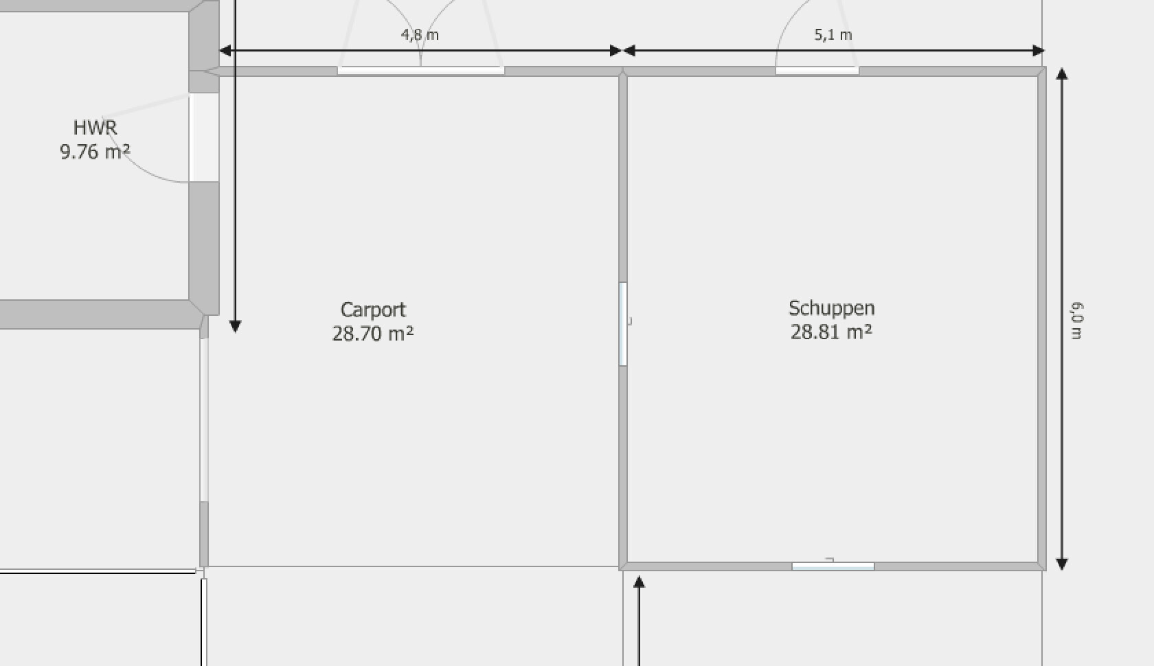 Grundriss: Carport (28,70 m²) links, Schuppen (28,81 m²) rechts, HWR 9,76 m².
