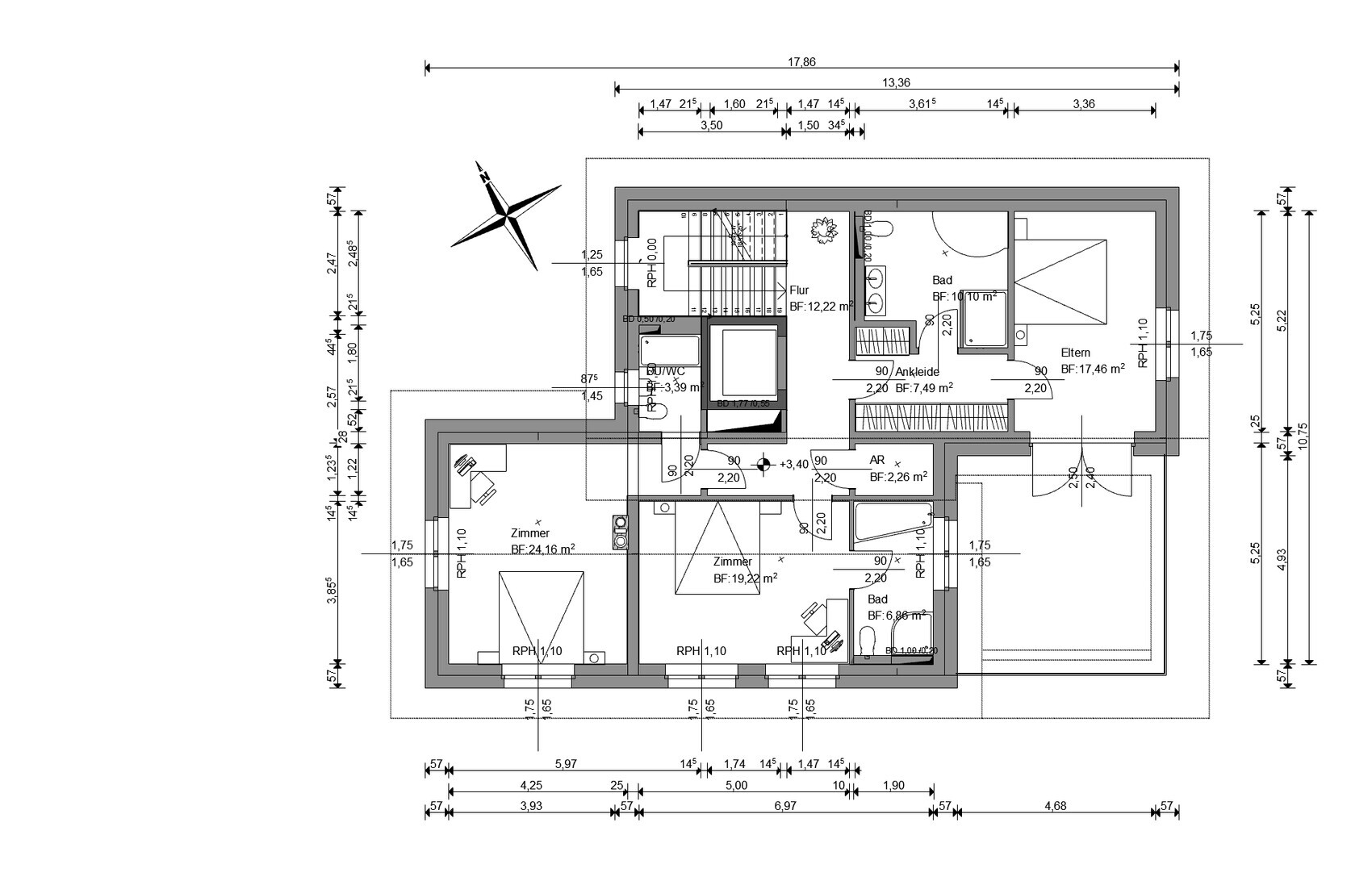 Von oben gezeichneter Hausgrundriss: Flur, Bad, Elternzimmer, weitere Zimmer, Treppe und Möbel.